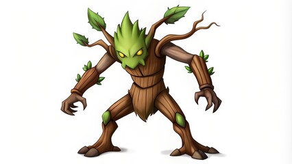 Fototapeta premium Anthropomorphic Tree Creature with Claws and Green Leaves