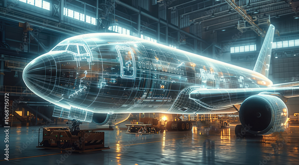 Poster A large airplane being designed in an industrial setting with holographic wireframe blueprints floating around it.