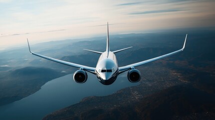 Front view of a commercial airplane flying over a scenic landscape with mountains and a large body of water beneath a clear sky during daylight.