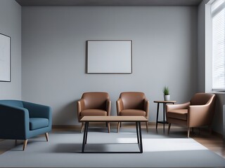 A living room with chair and sofa office front picture on the wall Image
