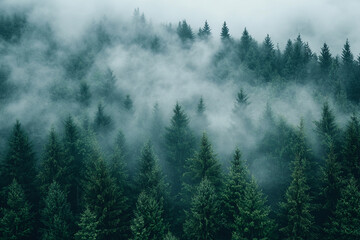 Misty forest landscape with evergreen trees in early morning light