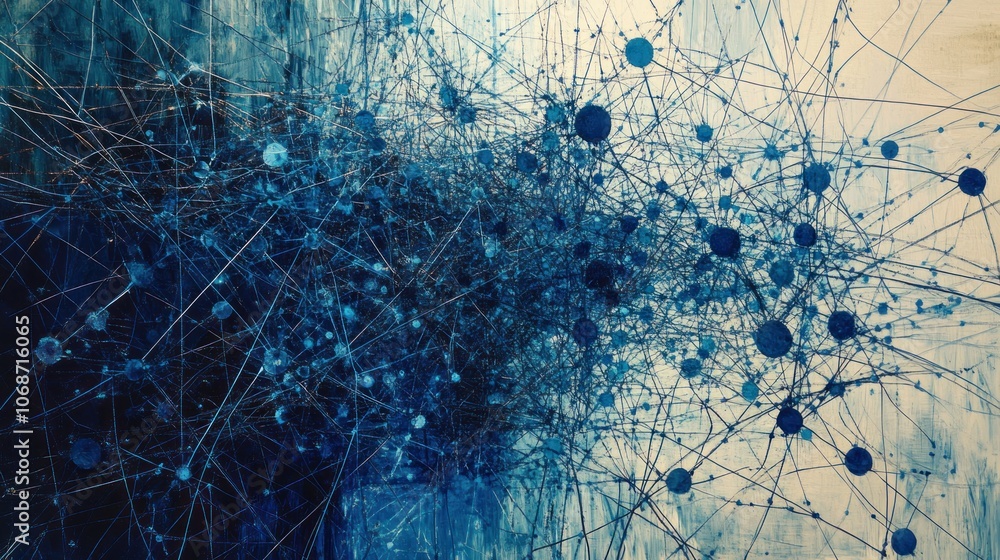 Poster abstract blue and white background with interconnected dots and lines.