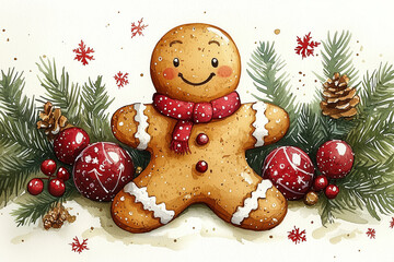 Gingerbread man with a red hat and scarf, festive pine backdrop.