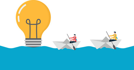 White-collar workers are sailing in the sea, and the light bulb guides the direction.
