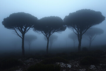 Naklejka premium Misty morning landscape with silhouette trees in a foggy forest