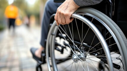 Obraz premium 屋外の都市環境の舗装された歩道を歩く車椅子の高齢者