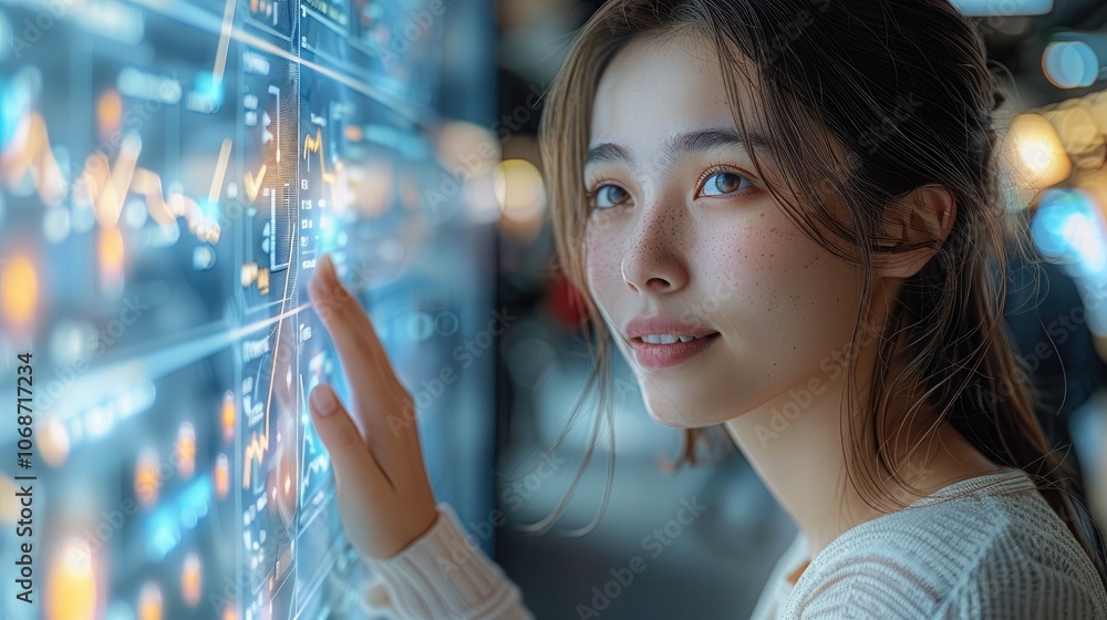Aufkleber woman in a futuristic environment, surrounded by curved screens, navigating an intuitive user interf