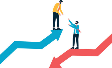 workers in a rising stock market reach out to rescue workers in another falling stock market.

