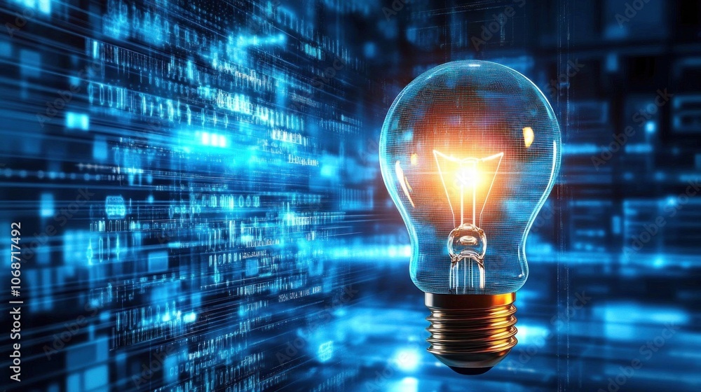 Aufkleber digital bulb on blue background. 3d rendering toned image double exposure - generated ai