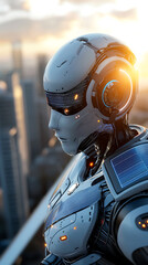 Fototapeta premium Ai-driven robots enhance urban skyline with sustainable solar panel cleaning technology