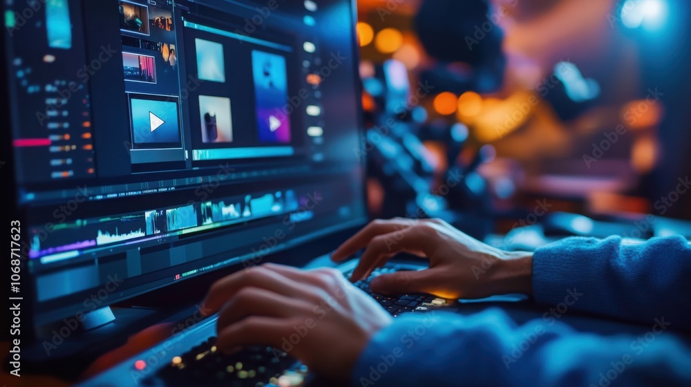 Poster hands using a tablet for video editing, professional setup with bright screen