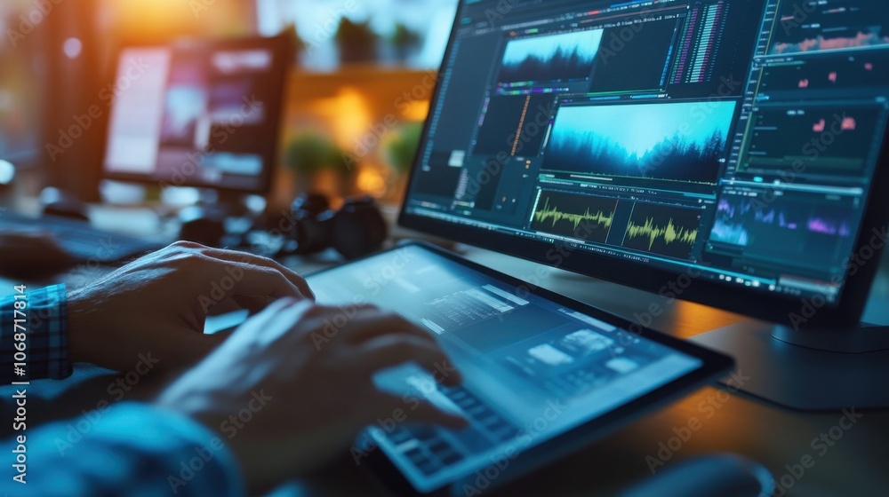 Poster hands using a tablet for video editing, professional setup with bright screen