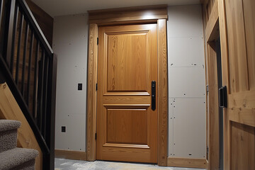 Elegant wooden door in a cozy home interior during renovation