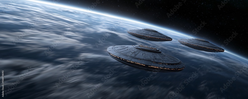 Poster starship fleet in action - accelerating through asteroid fields with warp drive glowing nebula in si