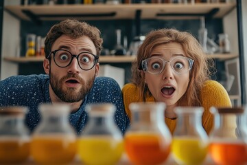 Curious couple amazed by colorful scientific experiments at a home lab during the evening