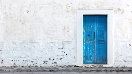 Blue wooden door on a white wall in Chefchaouen, Morocco