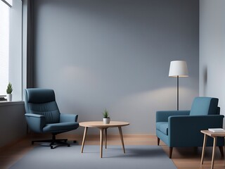 A living room with chair and sofa office front picture on the wall Image