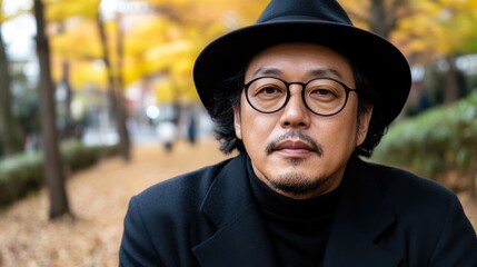 Obraz premium 公園で紅葉に囲まれた黒い帽子と眼鏡をかけた物思いにふける男性