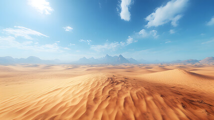 Fototapeta premium A highly detailed photography capturing the vast expanse of a golden desert landscape, with undulating sand dunes stretching to the horizon under a clear blue sky, emphasizing the serene and unending