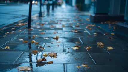 The wet sidewalk after the rain, strewn with leaves. The picture combines feelings of sadness and renewal. A city street with buildings is depicted in the background.