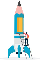 Businessman character flying on business rocket
