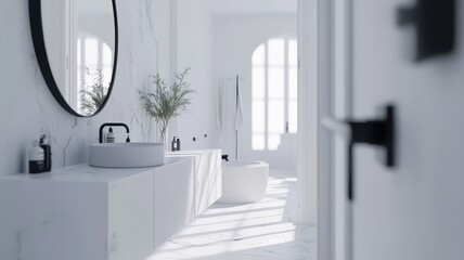 A serene, modern bathroom featuring a minimalist design with a round mirror, a sleek sink, and soft natural light.