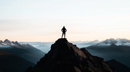 Silhouette of a person standing on a mountain peak with a panoramic view of misty mountains and a clear sky at sunrise.