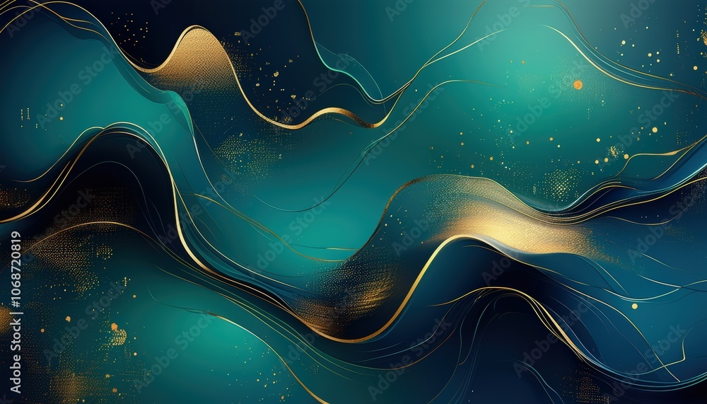 Poster abstract turquoise and gold waves: elegant lines and dynamic fluid patterns in modern art background
