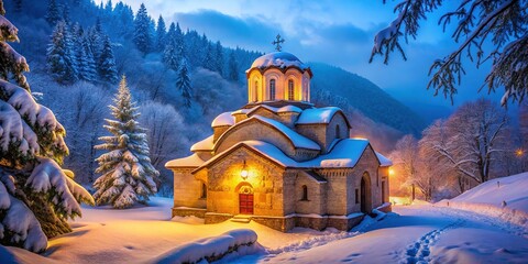 Frozen church, Bachkovo Monastery, a winter's tableau.