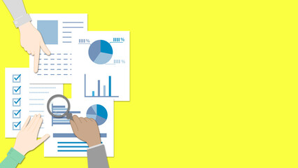 資料をチェックする様々な人の手のイラスト　書類の色は青色　左側バージョン