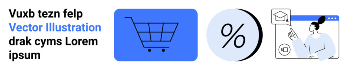 Shopping cart, percentage symbol, person with graduation cap and laptop. Ideal for e-commerce, educational technology, online sales, marketing, online shopping, discount promotions, and product