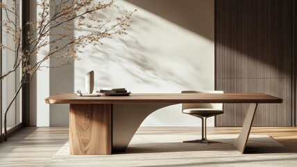A stylish, modern office space featuring a unique wooden desk, a minimalist chair, and sunlight casting shadows on a neutral-toned background.