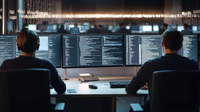 Collaboration of Software Engineers at Long Desk with Monitors