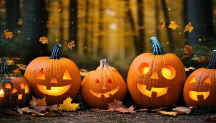 Fototapeta premium Carved pumpkins in autumn forest with glowing lights and fallen leaves.