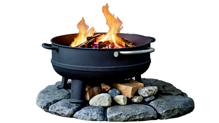 A black metal fire pit with a fire burning inside, sitting on a ring of rocks.