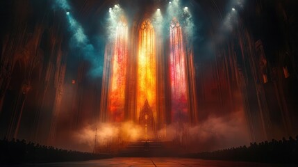 Fototapeta premium theater setting featuring a grand concert stage illuminated by colorful spotlights and enveloped in smoke, creating a lively and dramatic atmosphere for performers and audience