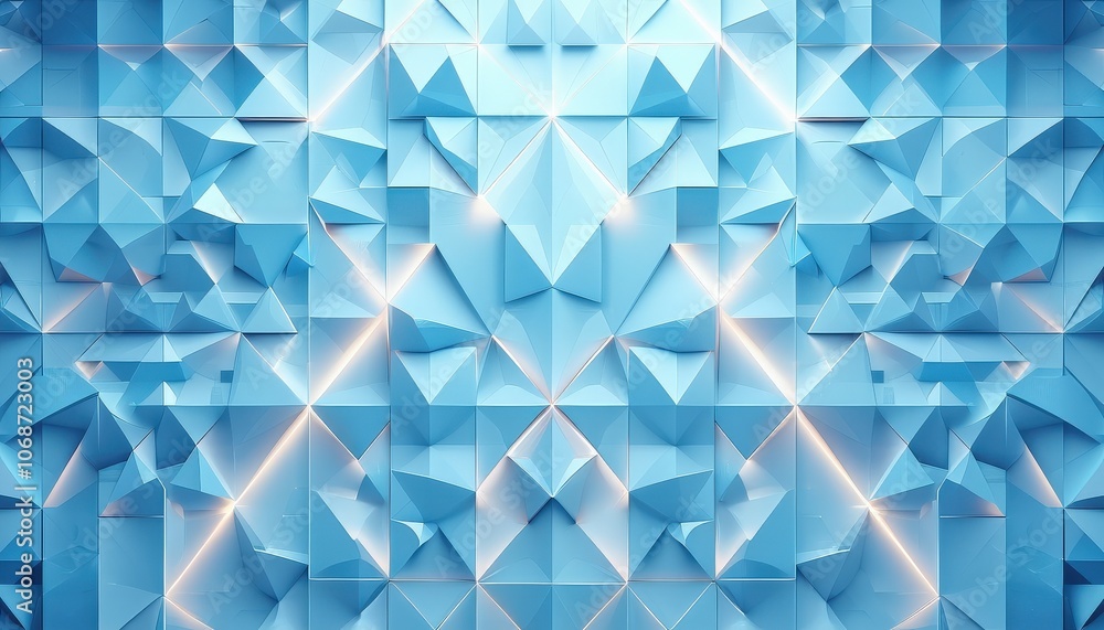 Poster abstract geometric blue pattern with 3d triangles and diamond shapes creating futuristic symmetry.