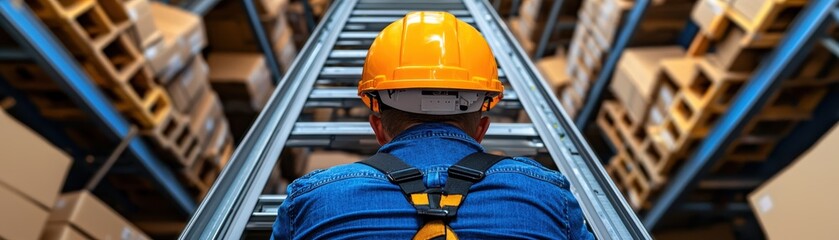 A worker with a safety helmet climbs a ladder in a warehouse filled with stacked boxes, emphasizing industrial safety and storage efficiency.
