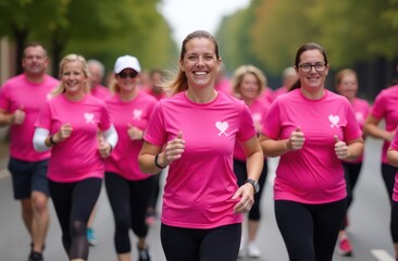 Women wearing matching shirts run happily in a park, supporting a cause amid colorful autumn foliage.