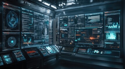 Obraz premium Futuristic Control Room with Advanced Data Displays