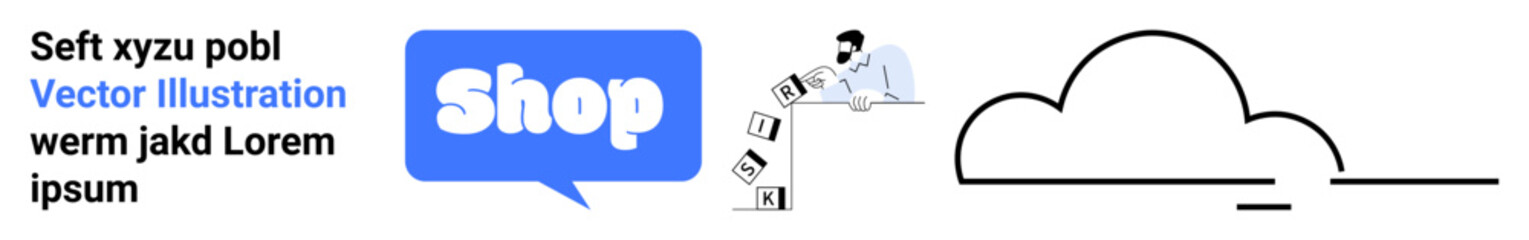 Text with random words, blue speech bubble with Shop written, person working with computer, and cloud represent online services. Ideal for e-commerce, cloud storage, technology, digital data