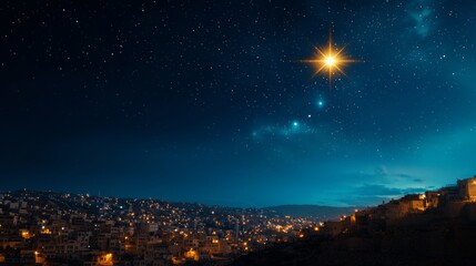 Naklejka premium Starlit night sky over a city, capturing the brilliance of stars and tranquil urban atmosphere.
