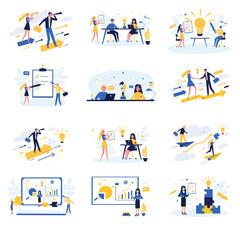 Business concept. Team metaphor. People connect puzzle elements. Flat illustration in flat design style. Teamwork, collaboration, partnership. Businessmen working together and moving towards success.