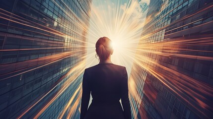 Confident Businesswoman Radiating Success in Front of Towering Skyscraper
