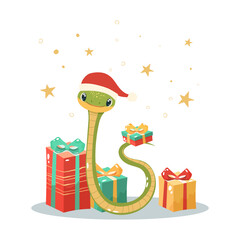 Christmas cute snake with gift boxes. Symbol of Chinese 2025 new year. Flat style