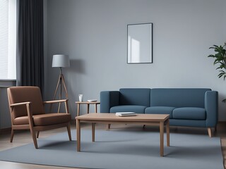 A living room with chair and sofa office front picture on the wall Image