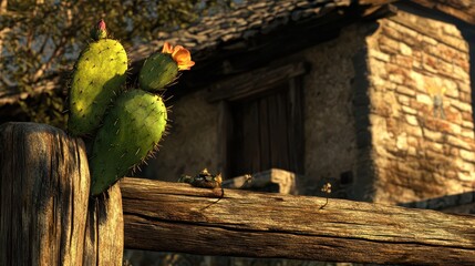 Cactus and Pears by Rustic Wooden Fence