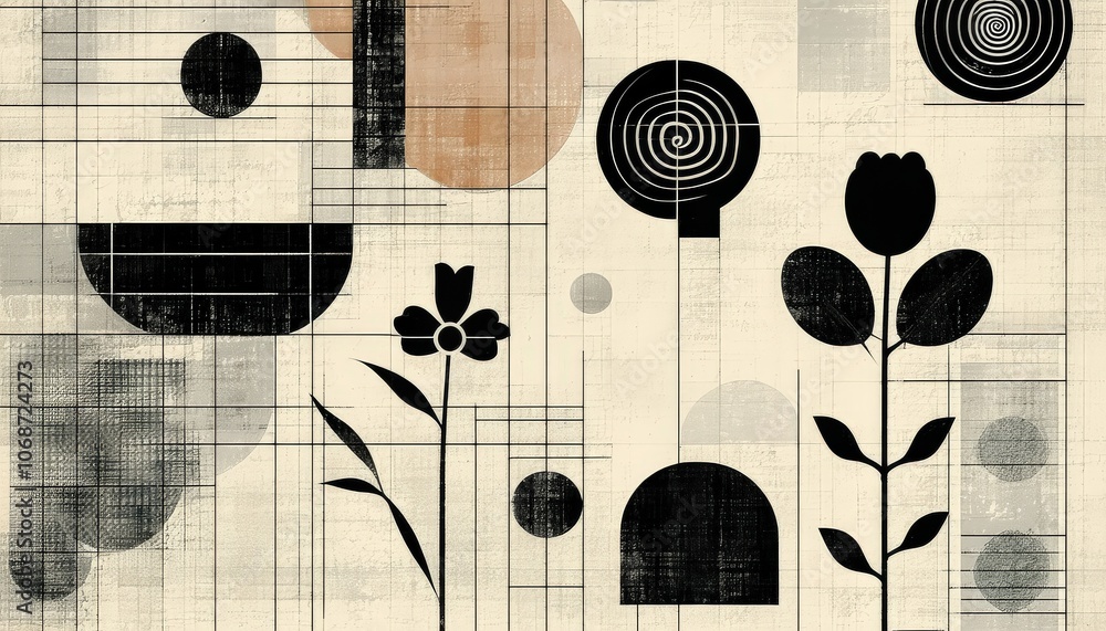 Poster abstract geometric floral art with circles and rectangles in retro style.
