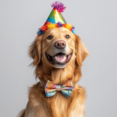 Joyful Golden Retriever with Colorful Party Hat