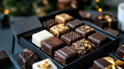 ゴールドのアクセントが効いたエレガントなギフトボックスに入ったグルメチョコレートの詰め合わせ